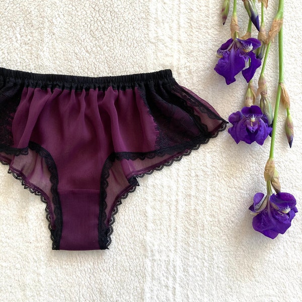Boxer violet en mousseline de soie et dentelle noire/style AYAME (fabriqué sur commande)