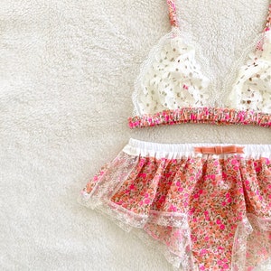 Pink Flowers Chiffon and White Cotton Bra / style RANMAN (made to order)
