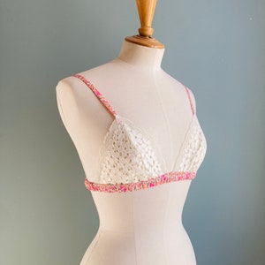 Pink Flowers Chiffon and White Cotton Bra / style RANMAN made to order image 2