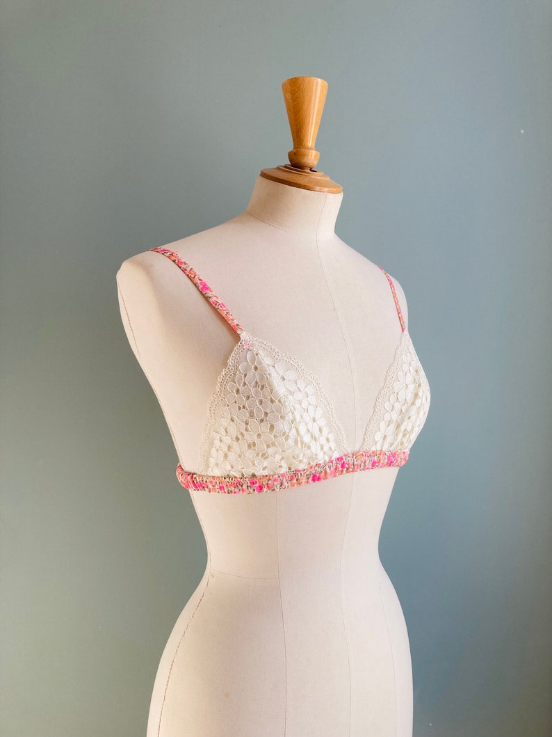 Pink Flowers Chiffon and White Cotton Bra / style RANMAN made to order image 2