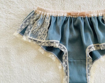 Blue Gray Satin Leavers Lace Boxer/style ASAGIRI(made to order)