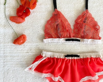 Vivid Red Stretch Lace Bra / style HINAGESHI (made to order)