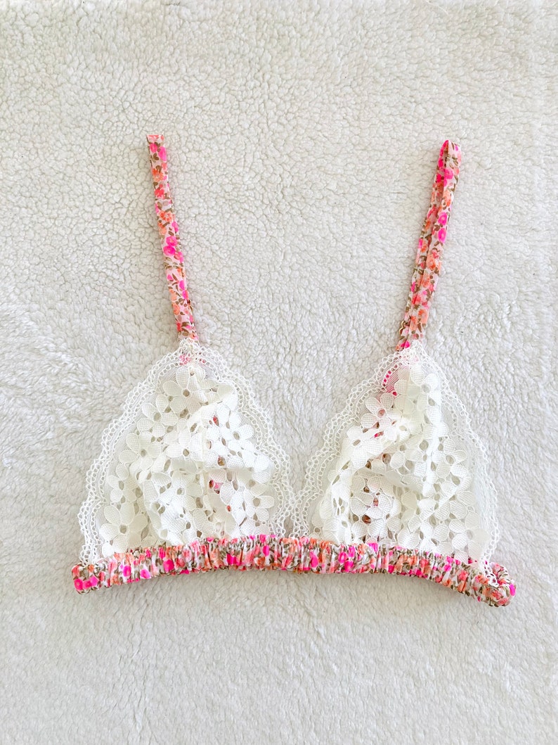 Pink Flowers Chiffon and White Cotton Bra / style RANMAN made to order image 4
