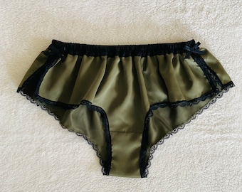 Khaki Satin and Black Lace Boxer/style SANSHOU (made to order)