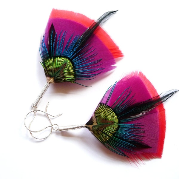 Bright, Colourful Large Feather Earrings in Red, Purple, Electric Blue, Lime Green + Black