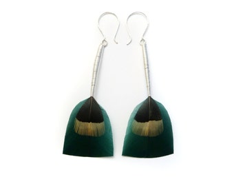 Crisp Teal Feather Earrings with Long Silver Stems