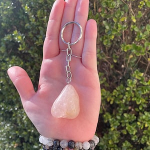 Rose Quartz Tumbled Crystal Keychain- Rose Quartz Keyring- Rose Quartz Keychain- Silver Crystal Keychain- Crystal Purse Charm