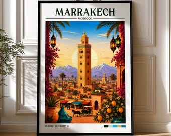 Marrakech Marokko retro reisprint | Marrakech-poster | Muurkunst | Ingelijste afdrukken | Canvas | Poster Marrakech | Afdrukken | Illustratie: