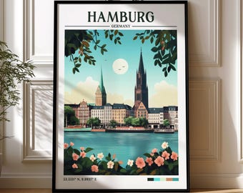 Hamburg Germany Retro Travel Print | Wanderlust Posters | Illustration | Wall Art | Framed Prints | Canvas | Hamburg Poster | Prints