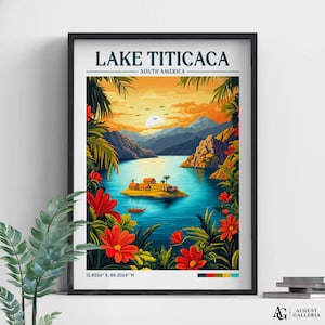 Lake Titicaca Retro Travel Print | Wanderlust Posters | Illustration | Wall Art | Framed Prints | Canvas | Lake Titicaca Poster | Prints