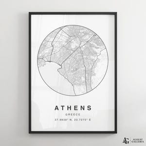 Minimalistische Karte von Athen | Moderne Stadt Karte Poster | Elegante Wandkunst | Gerahmte Drucke | Keilrahmen | Poster Athen | Griechenland Landkarte