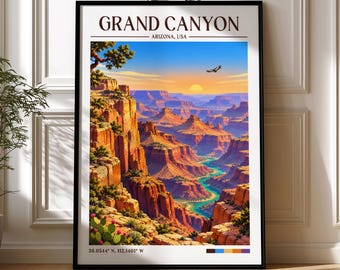 May include: A framed wall art print titled GRAND CANYON ARIZONA, USA. The illustration depicts a canyon landscape with orange rock formations, a winding turquoise river, a yellow sun, and a bird in flight. Includes coordinates 36.0544 N, 112.1401 W.