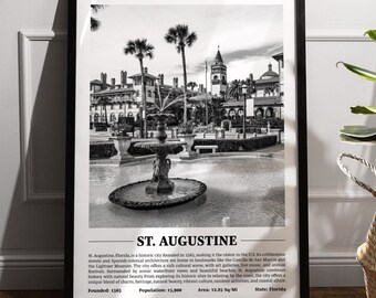 Svartvitt stadstryck i St. Augustine | Modern stadsposter | Väggkonst | Inramade tryck | Canvas | St Augustine-affisch | St Augustine-tryck