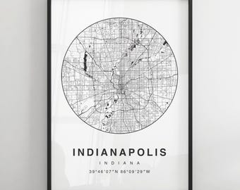 Impresión de mapa minimalista de Indianápolis / Póster moderno de mapa de la ciudad en blanco y negro / Arte de pared / Impresiones enmarcadas / Lienzo / Póster de Indianápolis / Mapa