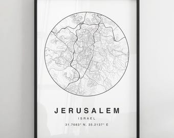 May include: A black and white map print of Jerusalem, Israel. The map is in a circle with the city name and coordinates below. The print is framed in a black frame.