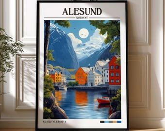 Ålesund Norway Retro Travel Print | Wanderlust Posters | Ålesund  Wall Art | Framed Prints | Canvas | Ålesund Poster | Ålesund Prints