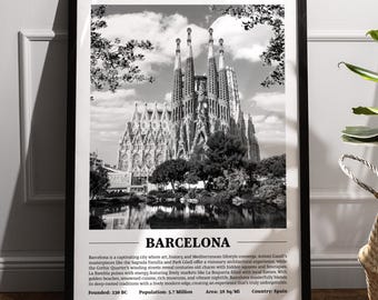 Barcelona Black & White City Poster | Modernes Stadt Poster | Barcelona Wandkunst | Gerahmte Drucke | Keilrahmen | Poster von Barcelona | Barcelona Drucke