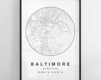 Baltimore Minimalist Map Print | Modern Black & White City Map Poster | Wall Art | Framed Prints | Canvas | Baltimore Poster | Baltimore Map