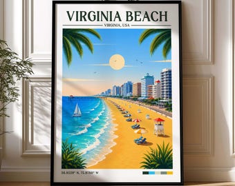 Retro reisprint van Virginia Beach | Muurdecoratie met kustthema | Ingelijste print | Canvas | Poster van Virginia Beach | Illustratie