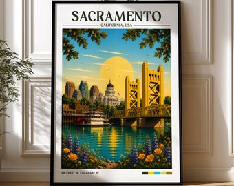 Sacramento Retro Travel Print | Wall Art | California Poster| Framed Print | Canvas | Sacramento Poster | Illustration | Tower Bridge
