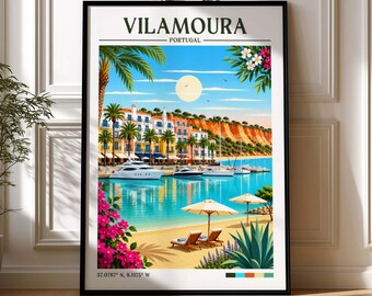 Lámina retro de Vilamoura / Arte mural de Portugal / Lámina enmarcada / Lienzo / Póster de Vilamoura / Ilustración / Arte mural de la costa del Algarve