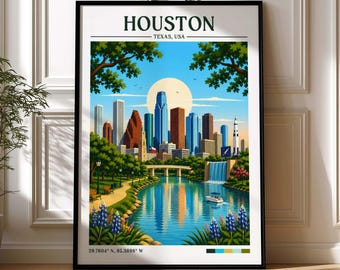 Houston Retro-Reisebild | Texas-Poster | Houston-Illustration | Wandbild | Gerahmte Drucke | Leinwand | Houston-Poster | Houston-Skyline