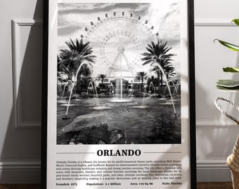 Impresión de la ciudad de Orlando en blanco y negro / Póster de la ciudad moderna / Arte mural de Orlando / Impresiones enmarcadas / Lienzo de Orlando / Póster de Orlando / Impresiones de Orlando