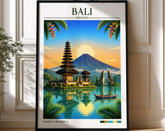 Bali Retro Travel Print | Indonesia Wall Art | Framed Print | Canvas | Bali Poster | Ulun Danu Temple
