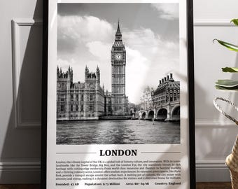 Impresión en blanco y negro de la ciudad de Londres / Póster de ciudad moderna / Arte mural de Londres / Impresiones enmarcadas / Lienzo de Londres / Póster de Londres / Impresiones de Londres