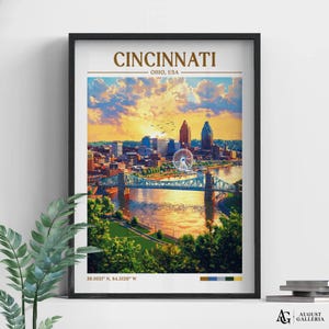 Cincinnati Ohio Retro Travel Print | Cartazes Wanderlust | Ilustração | Arte de parede | Impressões emolduradas | Tela | Cartaz de Cincinnati | Impressões