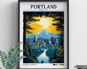 Impression rétro de voyage de Portland Oregon | Art mural | Impression de voyage | Impression encadrée | Toile | Affiche de Portland | Illustration de Portland | Envie de voyage
