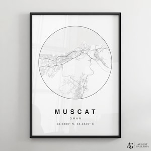 Muscat Minimalist Map Print | Modern Black & White City Map Poster | Muscat Wall Art | Framed Prints | Canvas | Muscat Poster | Muscat Map