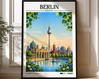 Impressão retrô de viagem a Berlim | Arte de parede com o horizonte de Berlim | Impressão emoldurada | Tela | Pôster de Berlim | Portão de Brandemburgo | Ilustração de Berlim