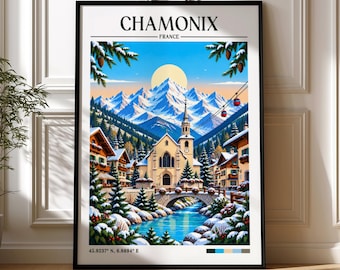 May include: A framed travel poster titled CHAMONIX FRANCE featuring a snowy mountain landscape with a central church, a stone bridge over a blue river, pine trees, and a cable car. The print includes coordinates 45.9237 N, 6.8694 E and a colour palette bar.