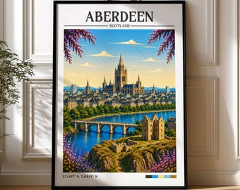 Aberdeen Scotland Retro Travel Print | Wanderlust Poster | Aberdeen Wall Art | Framed Prints | Canvas | Aberdeen Poster | Aberdeen Prints