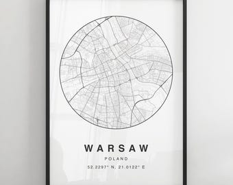 Warsaw Minimalist Map Print | Modern Black & White City Map Poster | Warsaw Wall Art | Framed Prints | Canvas | Warsaw Poster | Warsaw Map