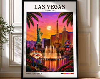 Könnte beinhalten: Ein gerahmter Kunstdruck mit dem Titel LAS VEGAS NEVADA, USA. Die Illustration zeigt einen lebendigen Sonnenuntergang über dem Las Vegas Strip, einschließlich der Freiheitsstatue, des Eiffelturms, eines Brunnens und des Welcome to Fabulous Las Vegas Schilds.
