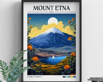 Mount Etna Retro Travel Print | Mount Etna Wall Art | Framed Print | Canvas | Poster | Illustration | Mount Etna Travel Print | Wanderlust