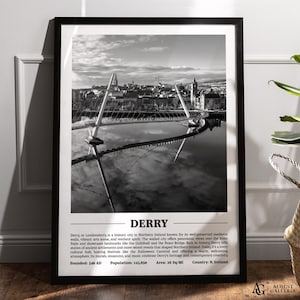 Stampa della città di Derry in bianco e nero / Poster della città moderna / Arte murale di Derry / Stampe incorniciate / Tela di Derry / Poster di Derry / Stampe di Derry