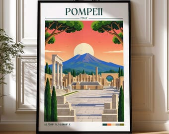 Pompeji-Retro-Reisebild | Vesuv-Wandbild | Gerahmter Druck | Leinwand | Pompeji-Poster | Antike Ruinen