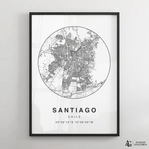 Santiago Minimalistische Karte Drucken | Moderne Stadt Karte Poster | Wandkunst | Gerahmte Drucke | Keilrahmen | Santiago Poster | Santiago Landkarte