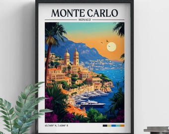 Monte Carlo Retro Travel Print | Wall Art | Framed Print | Canvas | Monaco Poster | Illustration | Monte Carlo Travel Print | Wanderlust