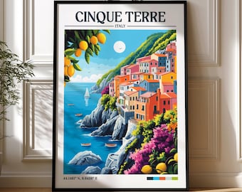 Cinque Terre Italy Retro Travel Print | Wanderlust Posters | Illustration | Wall Art | Framed Prints | Canvas | Cinque Terre Poster | Prints