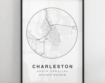 Charleston Minimalist Map Print | Modern Black & White City Map Poster | Wall Art | Framed Prints | Canvas | Charleston Poster | Map