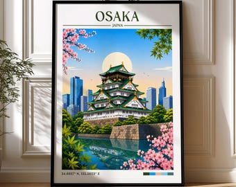 May include: A framed wall art print featuring the Osaka Castle in Japan, surrounded by cherry blossoms and green foliage with a modern city skyline in the background. The text reads OSAKA JAPAN and includes coordinates 34.6937 N, 135.5023 E.