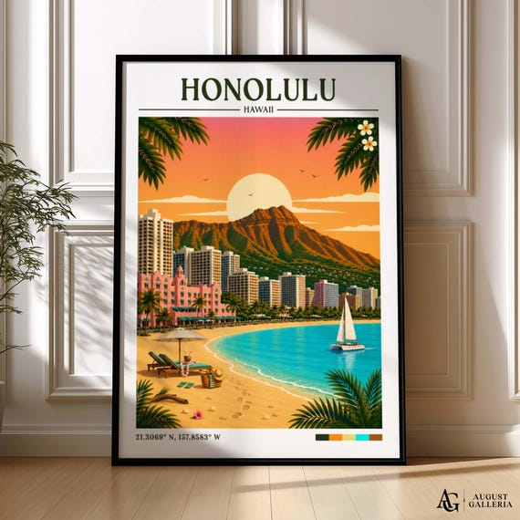 Honolulu Retro Travel Print | Hawaii Wall Art | Illustration
