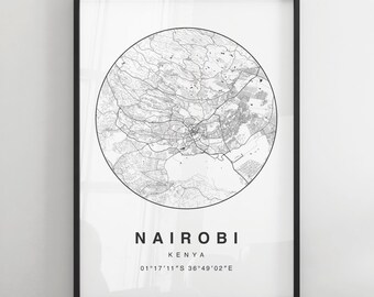 Impresión de mapa minimalista de Nairobi / Póster moderno de mapa de la ciudad en blanco y negro / Arte mural de Kenia / Impresiones enmarcadas / Lienzo / Póster de Nairobi / Mapa de Nairobi