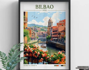 Bilbao Spain Retro Travel Print | Wanderlust Posters | Bilbao Wall Art | Framed Prints | Bilbao Canvas | Bilbao Poster | Bilbao Prints