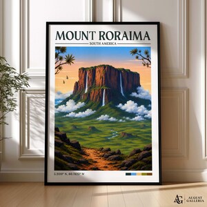 Stampa di viaggio retrò del Monte Roraima / Arte murale Tepui / Stampa incorniciata / Tela / Poster Roraima / Illustrazione di montagna