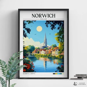 Norwich England Retro Travel Print | Wall Art | Travel Print | Framed Print | Canvas | Norwich Poster | Norwich Illustration | Wanderlust